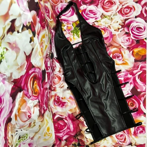 Black cutout faux Leather Halter bodycon Dress - Picture 2 of 4